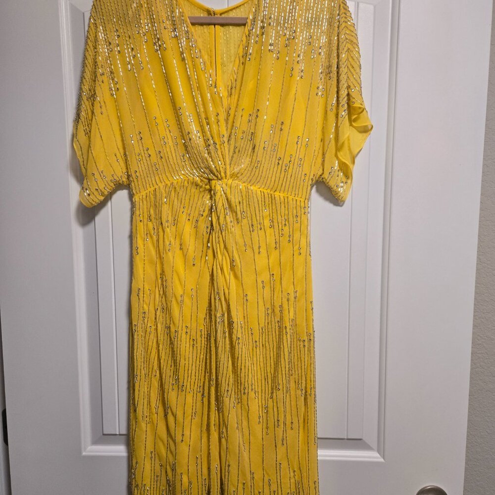 Jenny Packman yellow gold sequin dress women party wedding size medium size 10